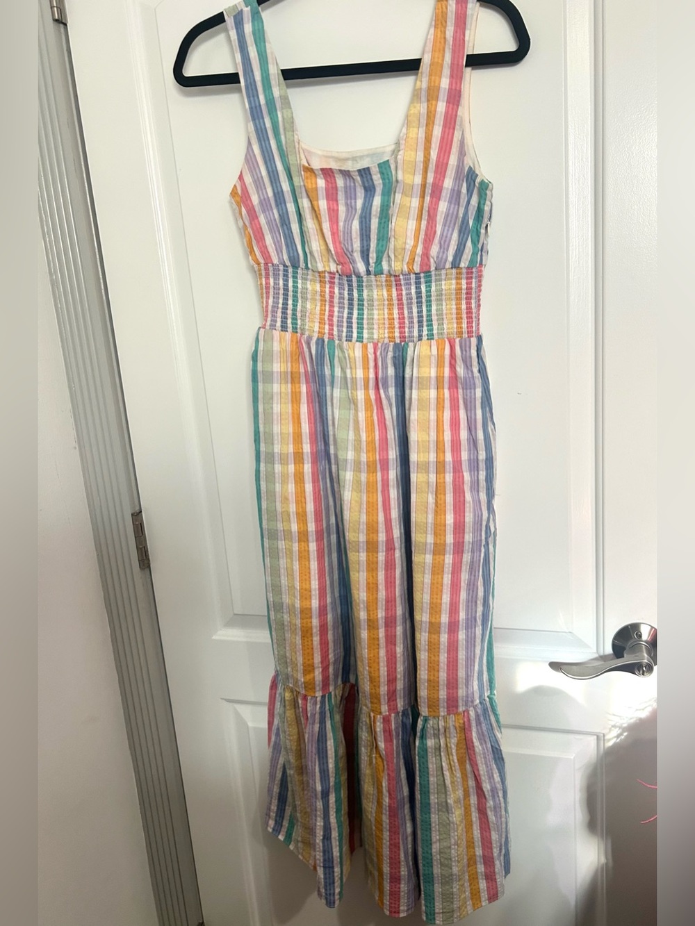 JCrew rainbow gingham Square-neck Midi Dress Size 6 Chic Cottagecore Preppy Boho - Picture 2 of 13